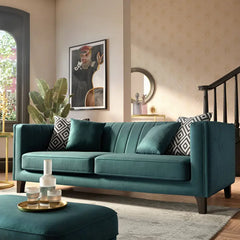 3 seater fabric sofa with vertically stitched backrest and wooden legs, straight front view