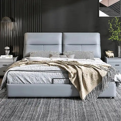 upholstered storage bed showing the lift-up storage area with cushioned headboard
