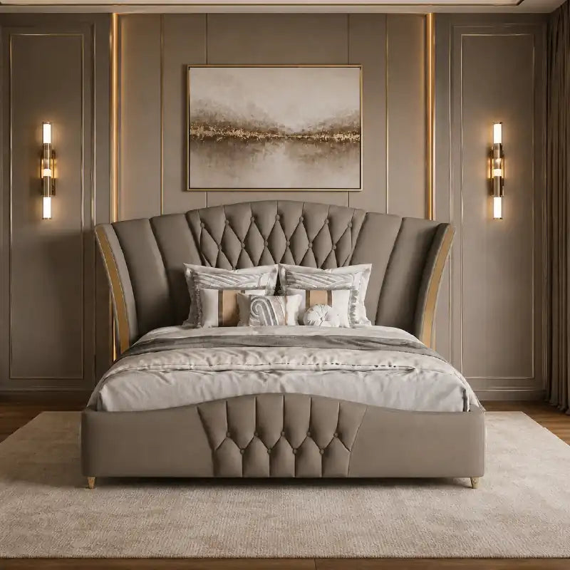 bed with tufted headboard shown with a balanced mattress layout with button-padded headboard