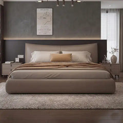 low profile platform bed shown with a balanced mattress layout with curved padded headboard