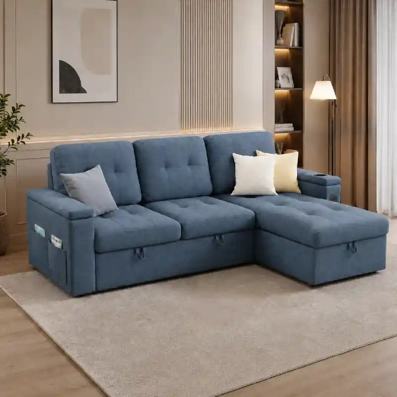 3 seater sofa bed side angle showing the seating profile with cup holders