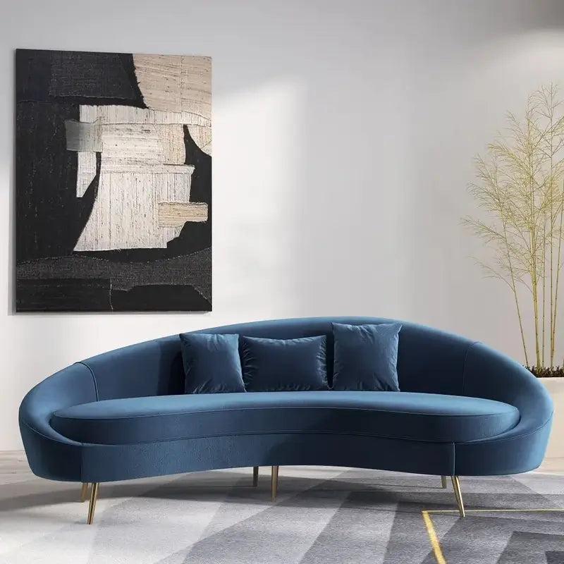 Curved sofa set with curved backrest and gold-finish legs, straight front view