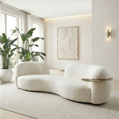 luxury sofa with low grounded base with smooth rounded edges, side profile