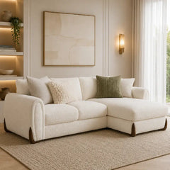 L shape sofa with curved arms and wooden accent details, straight front view
