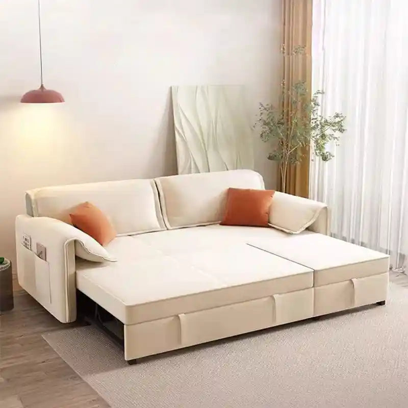 sofa bed convertible showing the sofa-to-bed conversion with side pockets alternate front angle