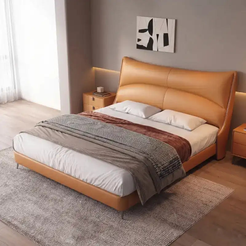 modern luxury bed shown in a spacious bed layout with wide padded headboard