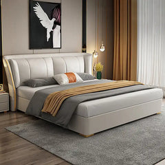 queen size upholstered bed shown in a compact double-bed layout with wide padded headboard