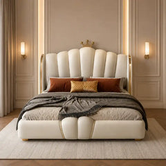 bed with headboard shown in a spacious bed layout with vertical padded panels alternate front angle