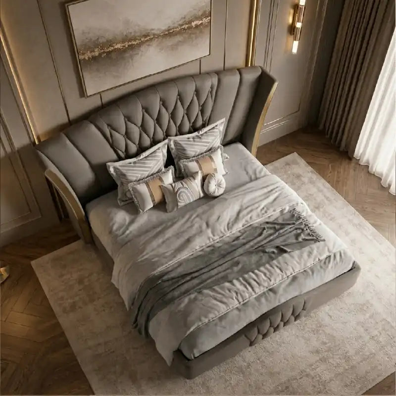 king size luxury bed shown in a spacious bed layout with button-padded headboard alternate front angle