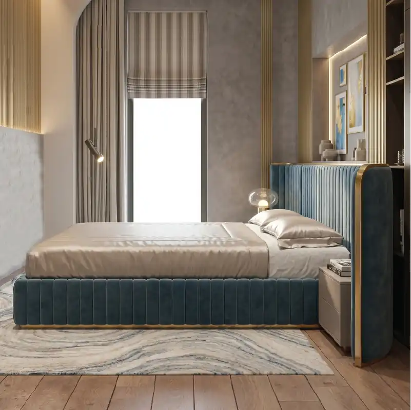 modern bed with headboard shown in a spacious bed layout with vertical padded panels alternate front angle