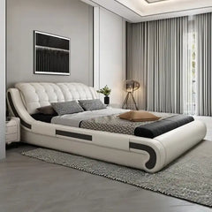double bed with headboard shown in a spacious bed layout with deep padded headboard alternate front angle