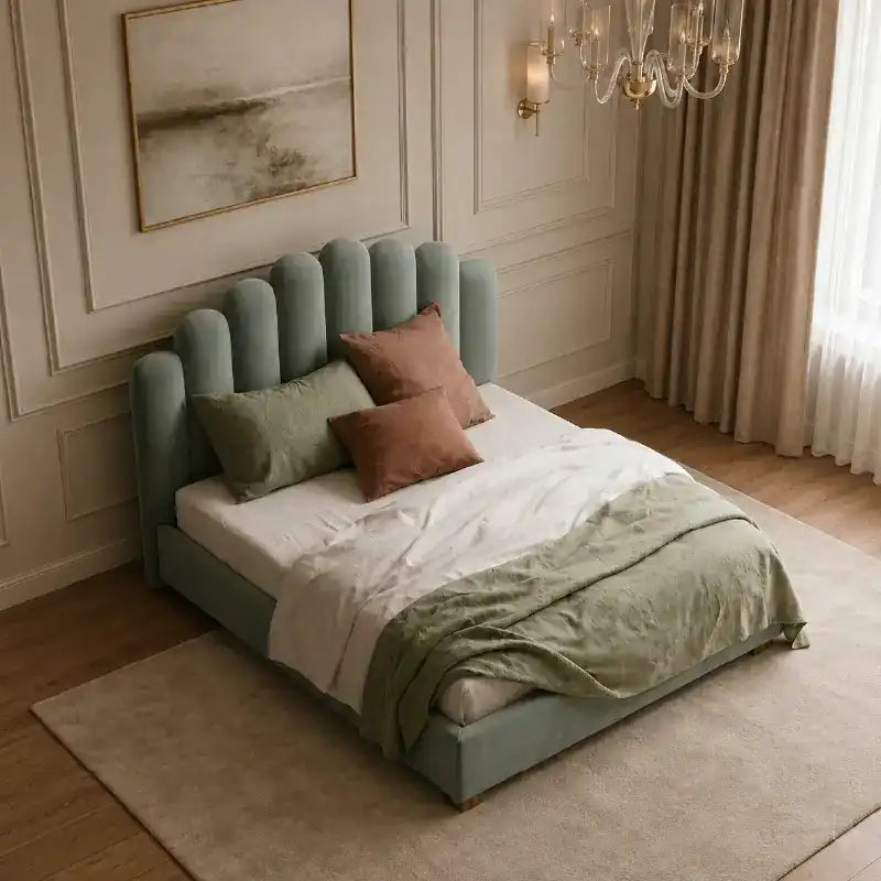 queen size platform bed showing the lift-up storage area with rounded arch headboard