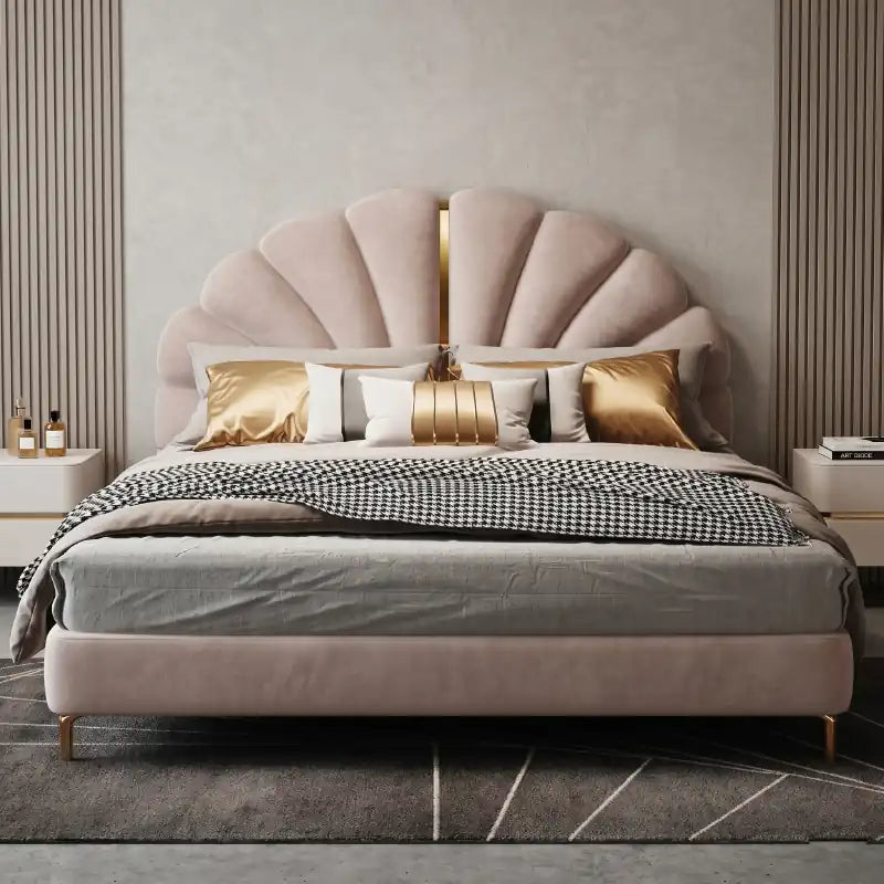 king size bed showing the lift-up storage area with shell-shaped padded headboard