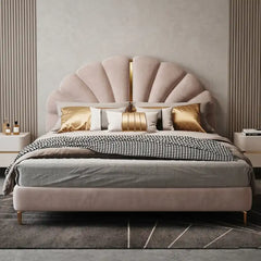 king size bed showing the lift-up storage area with shell-shaped padded headboard