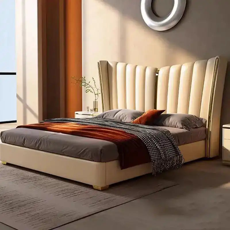 king size upholstered bed showing the lift-up storage area with wide padded headboard