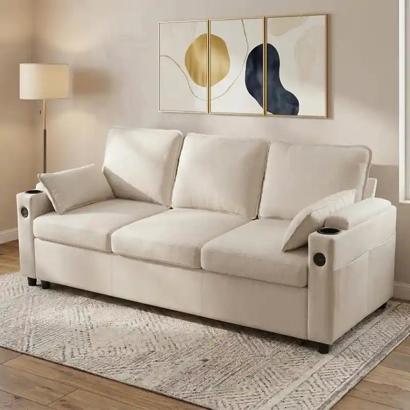 pull out sofa bed couch in an L-shaped seating layout with cup holders