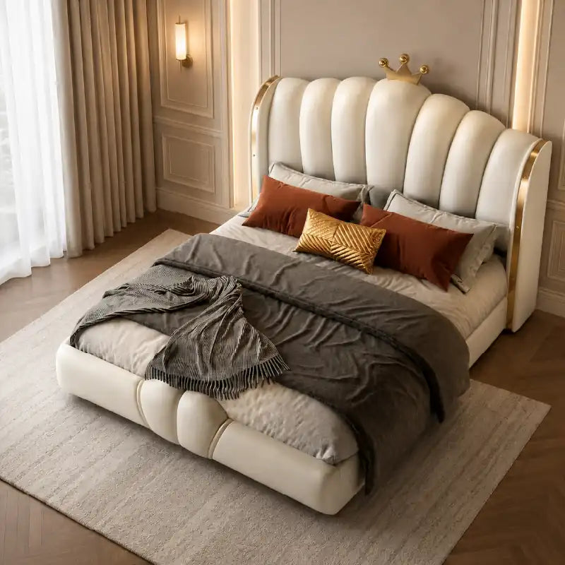 upholstered bed with headboard shown with a balanced mattress layout with vertical padded panels alternate front angle