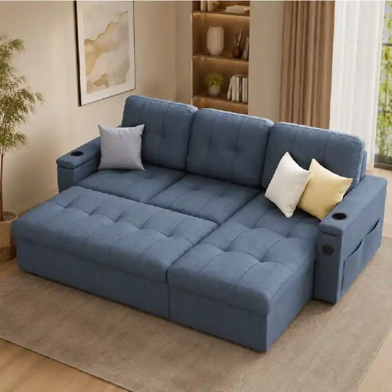3 seater sofa bed showing the sofa-to-bed conversion with cup holders
