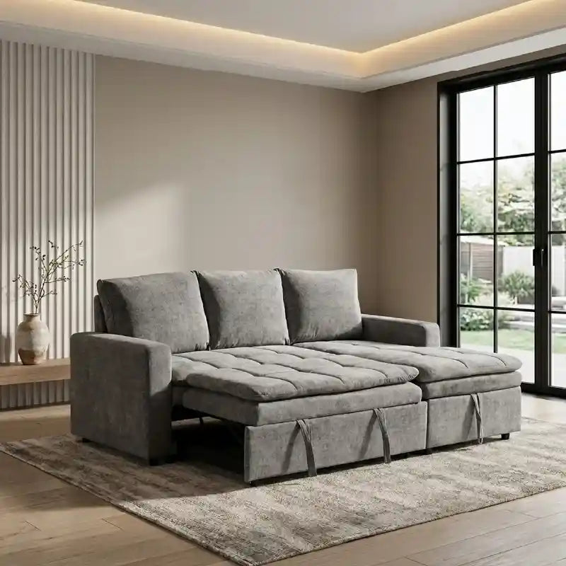 sofa bed with storage opened as a guest sleeping surface with storage lounger