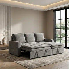 sofa bed with storage opened as a guest sleeping surface with storage lounger