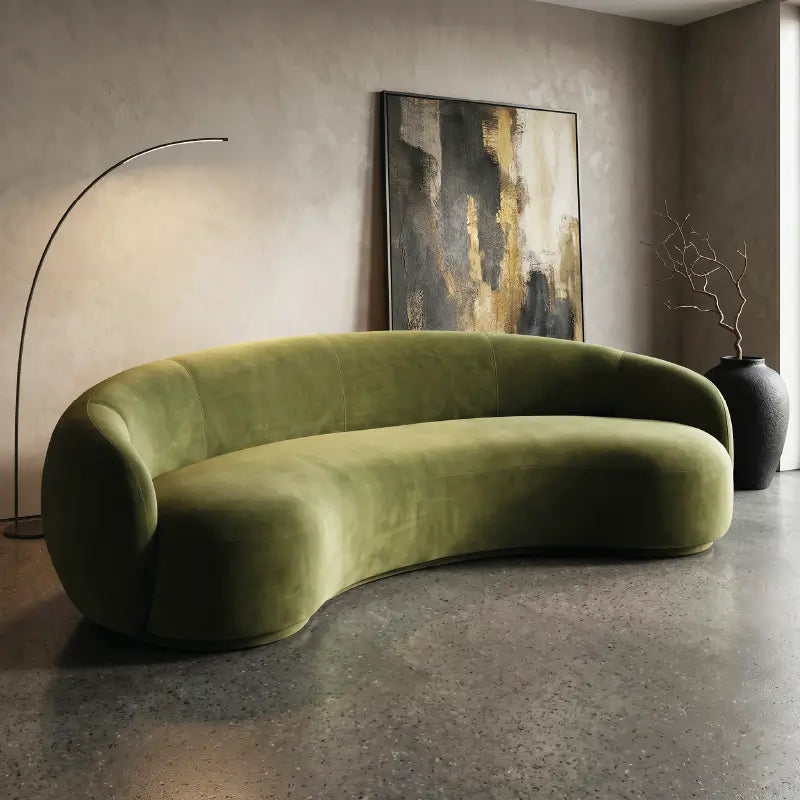 Curved sofa with wraparound backrest and deep bench seating, full seating layout