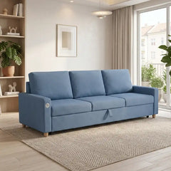 compact sofa bed showing the built-in storage compartment with USB charging
