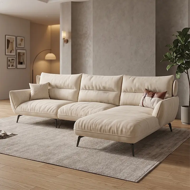 L shape sofa with soft curved arms and slim metal legs, full seating layout