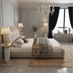 bed with tufted headboard shown with a balanced mattress layout with deep button-padded headboard