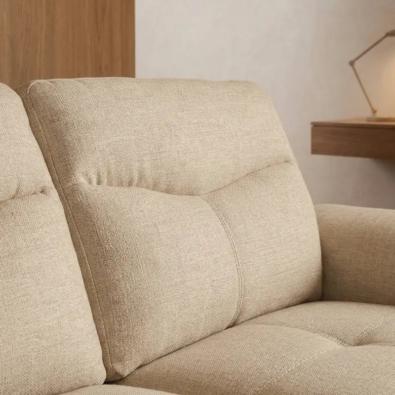 fabric sofa set with walnut-tone legs and raised floor clearance, armrest close-up