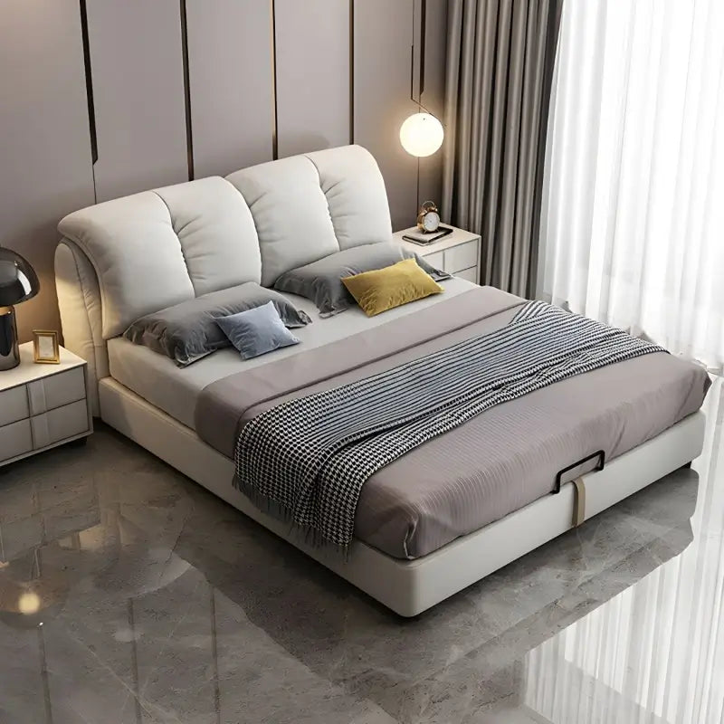 king size hydraulic bed showing the lift-up storage area with oversized padded headboard alternate front angle