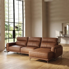 Leatherette sofa with wide padded arms and elevated metal legs, full seating layout