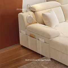 sofa bed storage shown in the pull-out sleeping position with USB charging alternate front angle