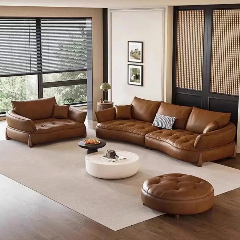Close-up detail view of Sablon living room sofa highlighting leather sofa set quality, luxury sofa set craftsmanship, designer couch detailing, tufted cushions and modern sofa construction