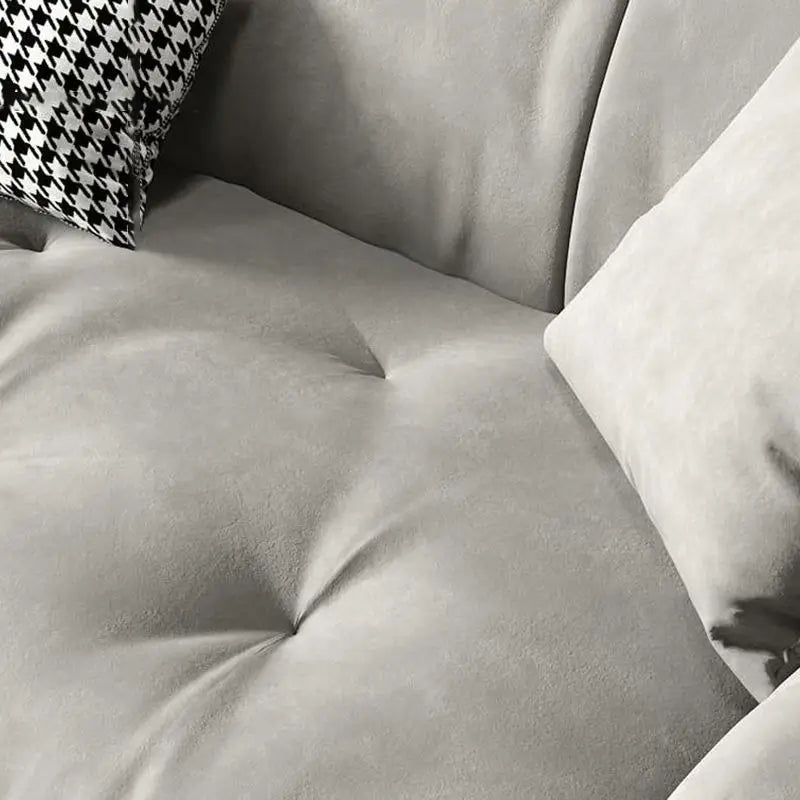 3 seater fabric sofa with rounded padded arms and soft-touch fabric, close-up of seat cushions