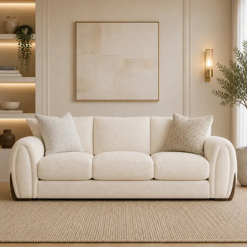 L shape sofa with curved arms and wooden accent details, close-up of seat cushions