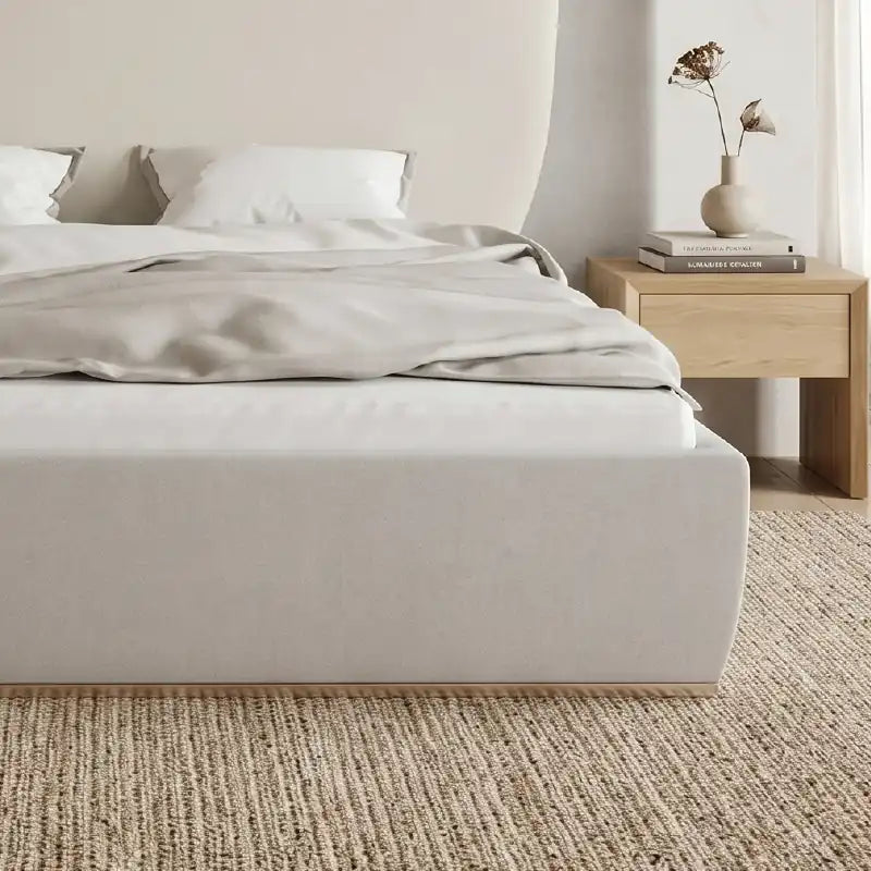 king size luxury bed shown in a spacious bed layout with wide curved headboard