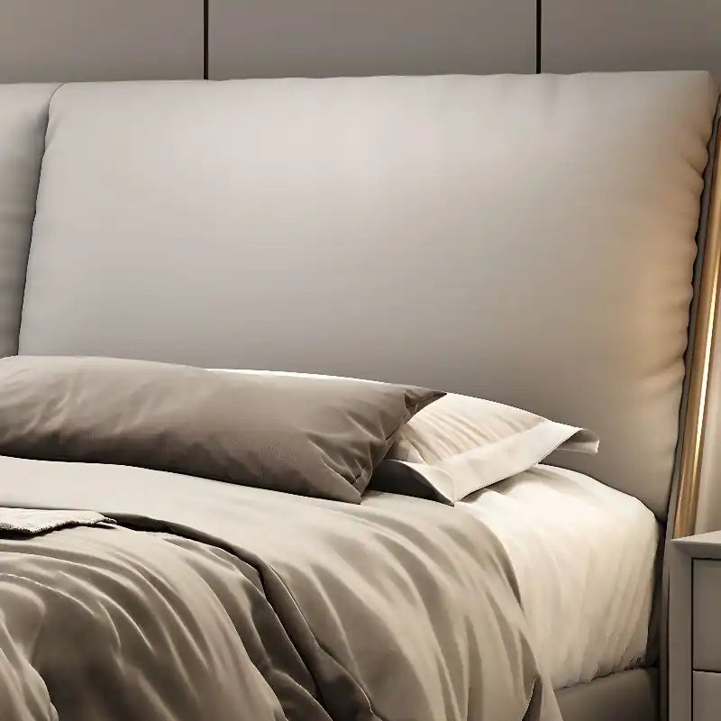 storage bed showing the lift-up storage area with thick padded headboard
