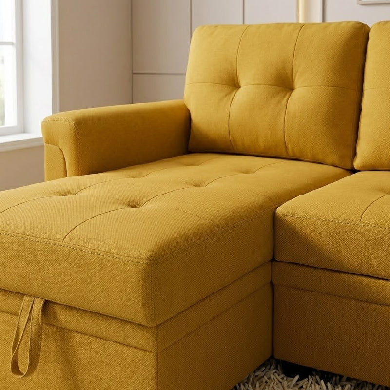 sectional sofa bed opened as a guest sleeping surface with storage lounger