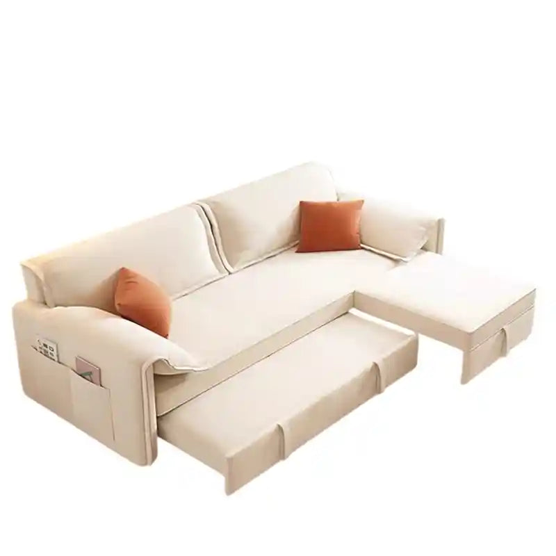 sofa to bed shown in the pull-out sleeping position with side pockets alternate side angle