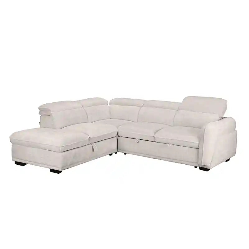sleeper sofa set shown in the pull-out sleeping position with concealed storage alternate front angle