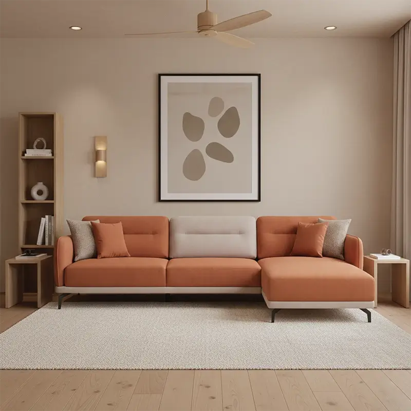 L shape sofa set with optional lounger and dual-tone fabric, armrest detail