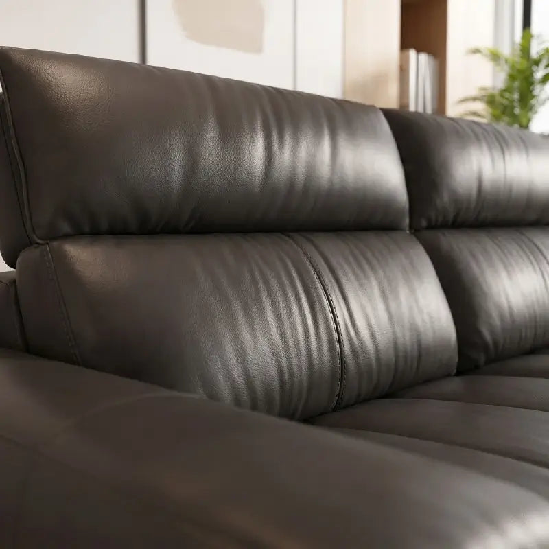 L shape sofa set with deep cushions and segmented back support, upholstery texture detail