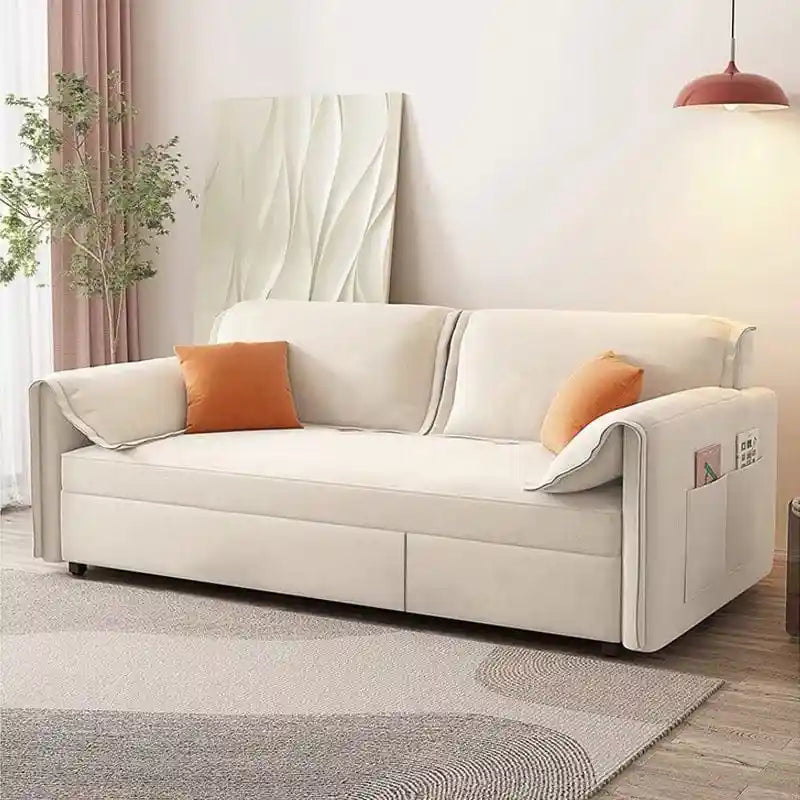 sofa bed convertible shown in the pull-out sleeping position with side pockets alternate front angle