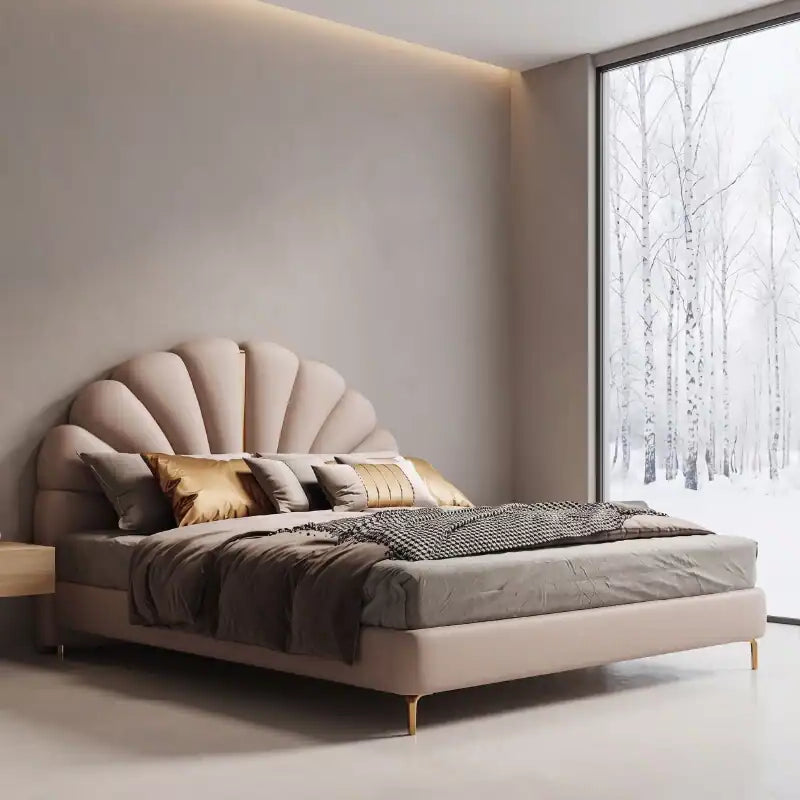 Custom upholstered bed with plush velvet shell headboard installed in Carmelaram