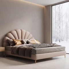 Custom upholstered bed with plush velvet shell headboard installed in Carmelaram