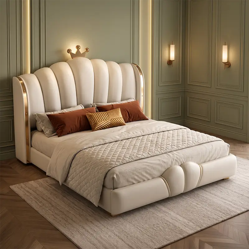 Dane upholstered bed with vertical padded panels and gold trim handcrafted at Gattahalli studio