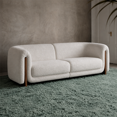 Ellis 3 seater fabric sofa with rounded armrests handcrafted at Wexley studio in Gattahalli Bangalore