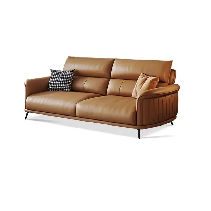 Faux leather custom sofa set in tan upholstery installed in apartment living room in Rayasandra
