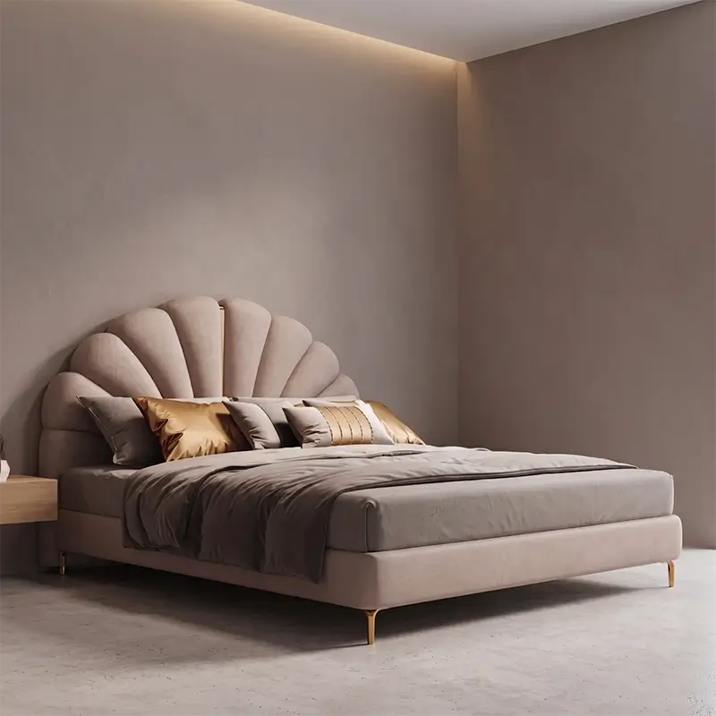 Kalo hydraulic bed with shell-shaped headboard handcrafted at Wexley studio in Gattahalli