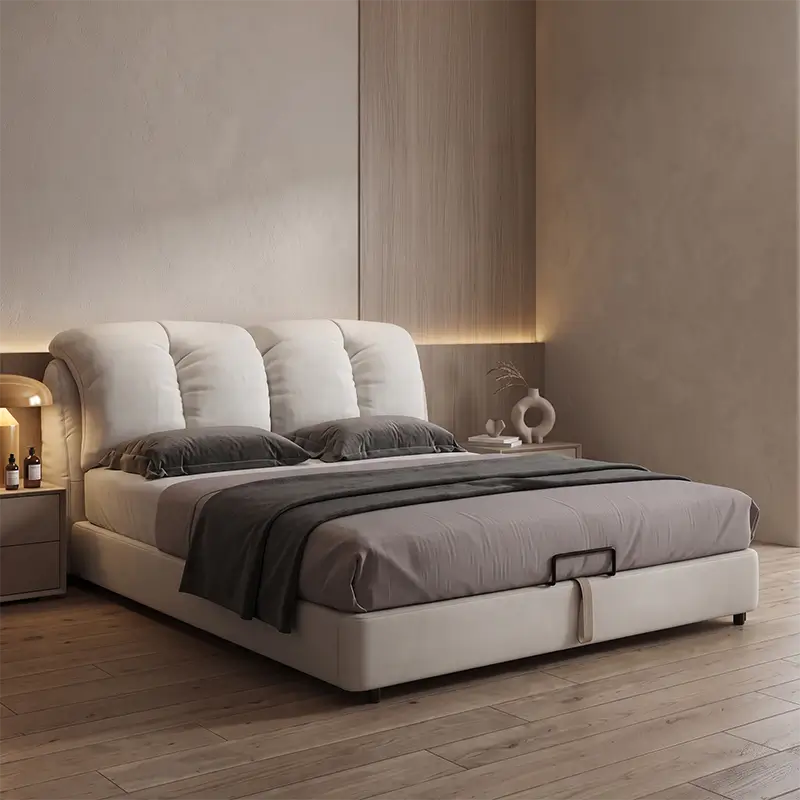 Marvis hydraulic bed with storage and oversized headboard handcrafted at Gattahalli studio